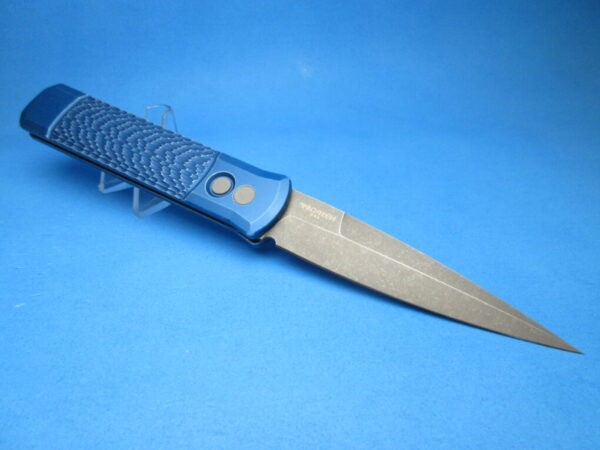 PROTECH GODFATHER BLUE HANDLE ACIDWASHED BLADE PLAIN EDGE