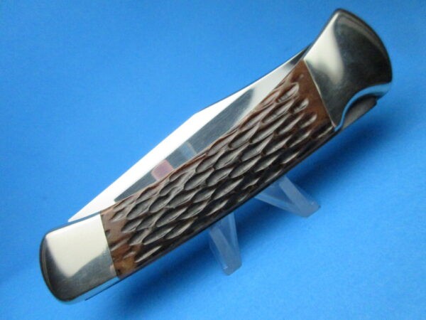 Custom Buck 110 Mahogany Jigged Bone Automatic Conversion Switchblade Knife